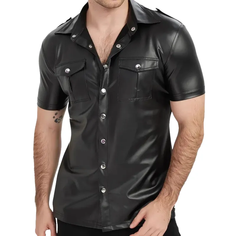 Men's Solid Color Lapel Short Sleeve Leather Shirt 44661155X sold by Manly