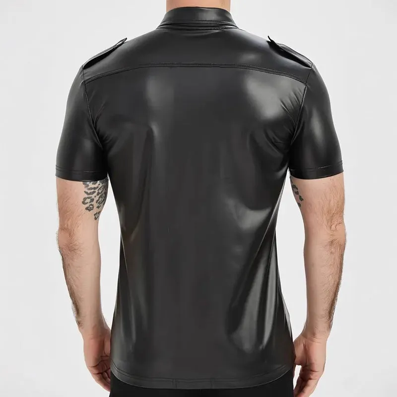 Men's Solid Color Lapel Short Sleeve Leather Shirt 44661155X sold by Manly product image thumbnail 4