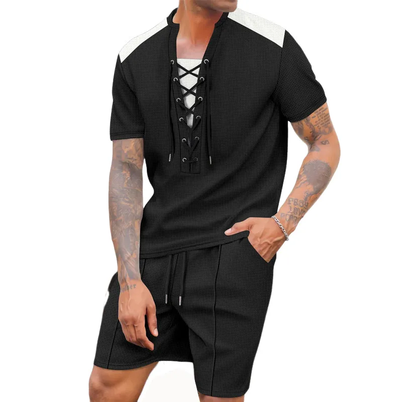 Men's Contrast Color Waffle Short Sleeve Shorts Two Piece Set 33381511X sold by Manly