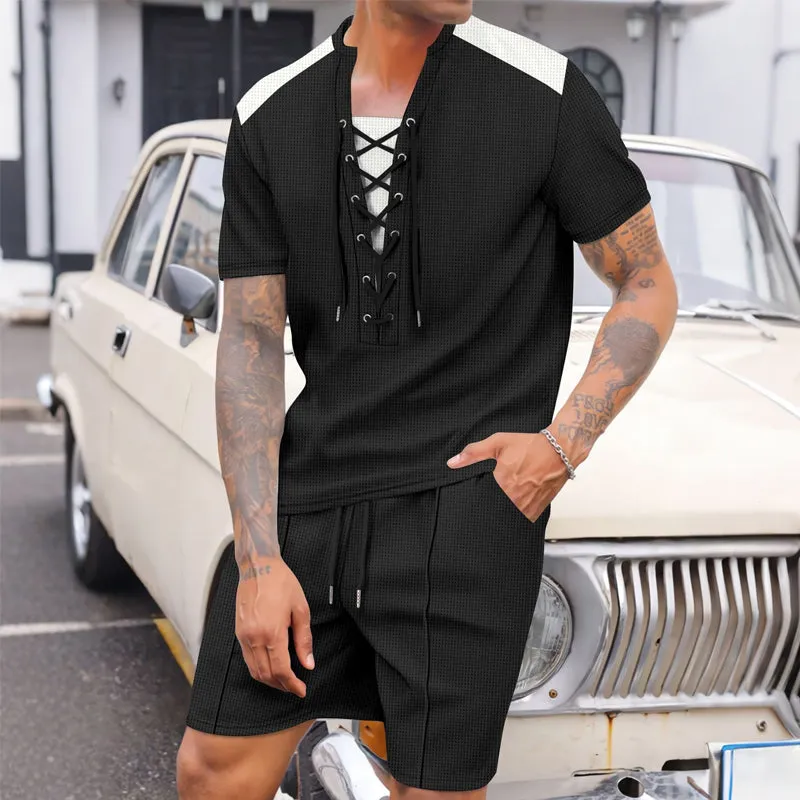 Men's Contrast Color Waffle Short Sleeve Shorts Two Piece Set 33381511X sold by Manly product image thumbnail 4