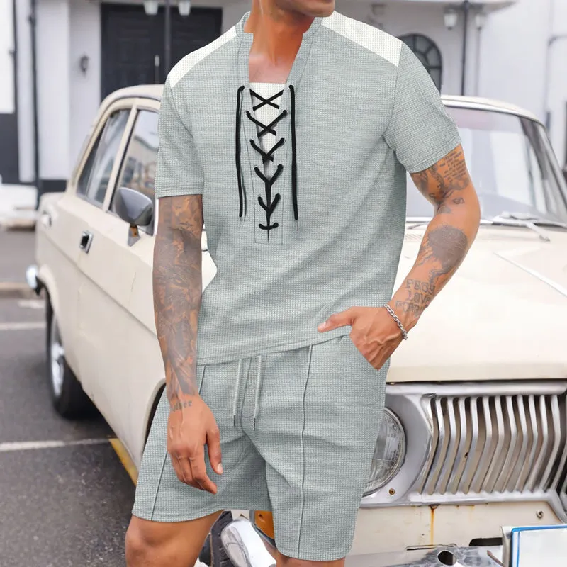 Men's Contrast Color Waffle Short Sleeve Shorts Two Piece Set 33381511X sold by Manly product image thumbnail 3