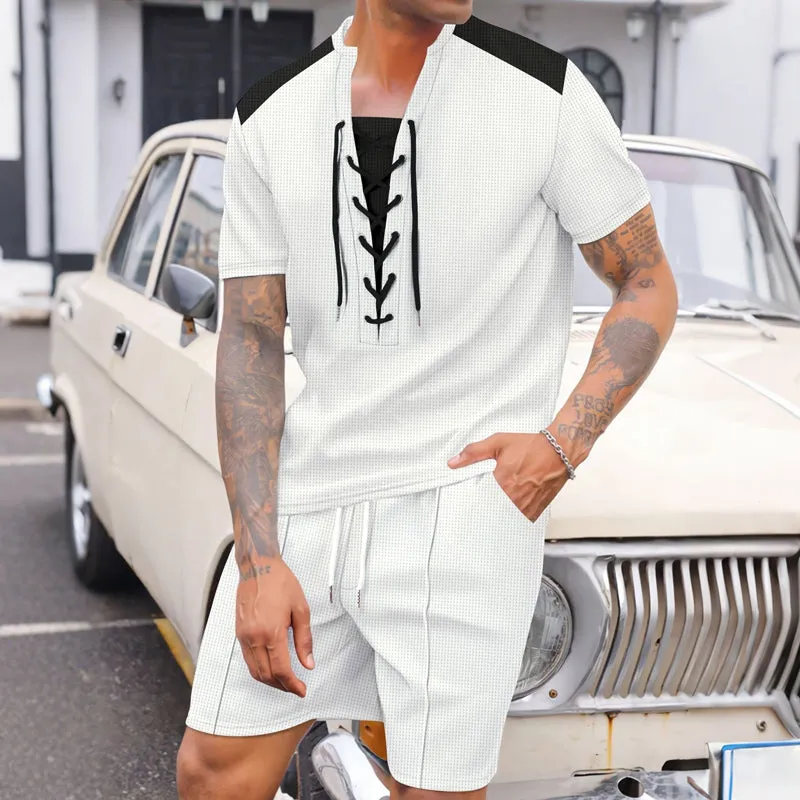 Men's Contrast Color Waffle Short Sleeve Shorts Two Piece Set 33381511X sold by Manly product image thumbnail 2