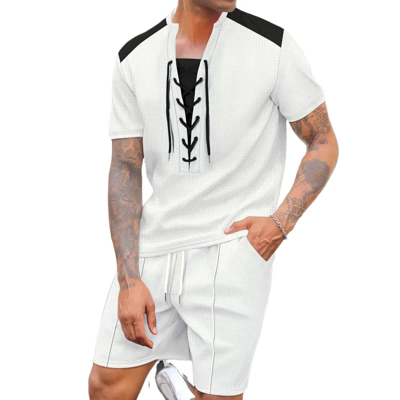 Men's Contrast Color Waffle Short Sleeve Shorts Two Piece Set 33381511X sold by Manly product image thumbnail 5