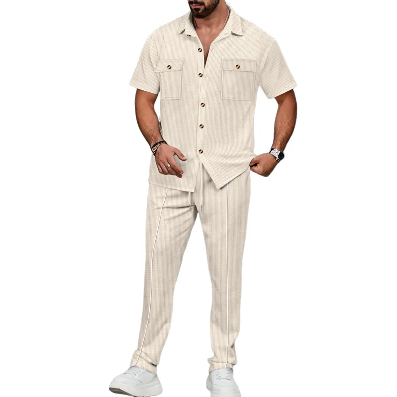 Men's Waffle Short-sleeved Trousers Casual Two-piece Set 09650649X sold by Manly