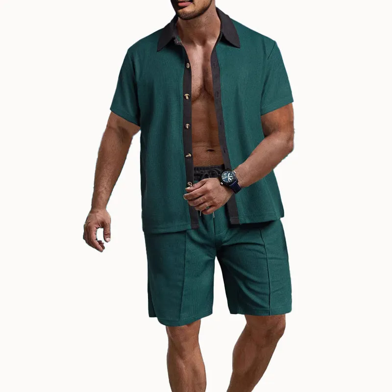 Men's Waffle Short Sleeve Shorts Beach Two-Piece Set 08753632X sold by Manly