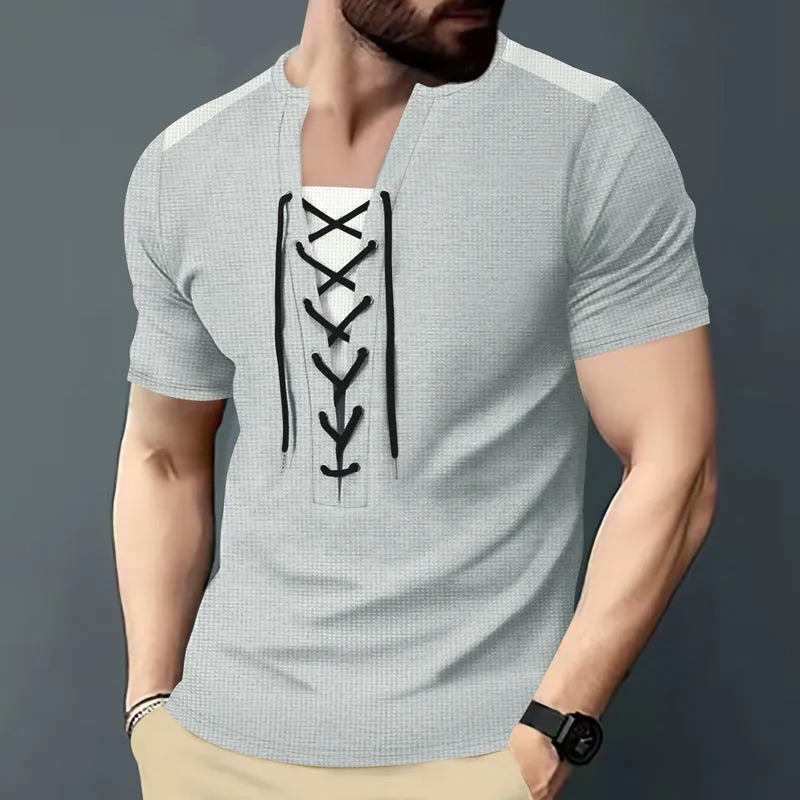Men's Contrast Color Lace-up Round Neck Short-sleeved T-shirt 36596137X sold by Manly product image thumbnail 4