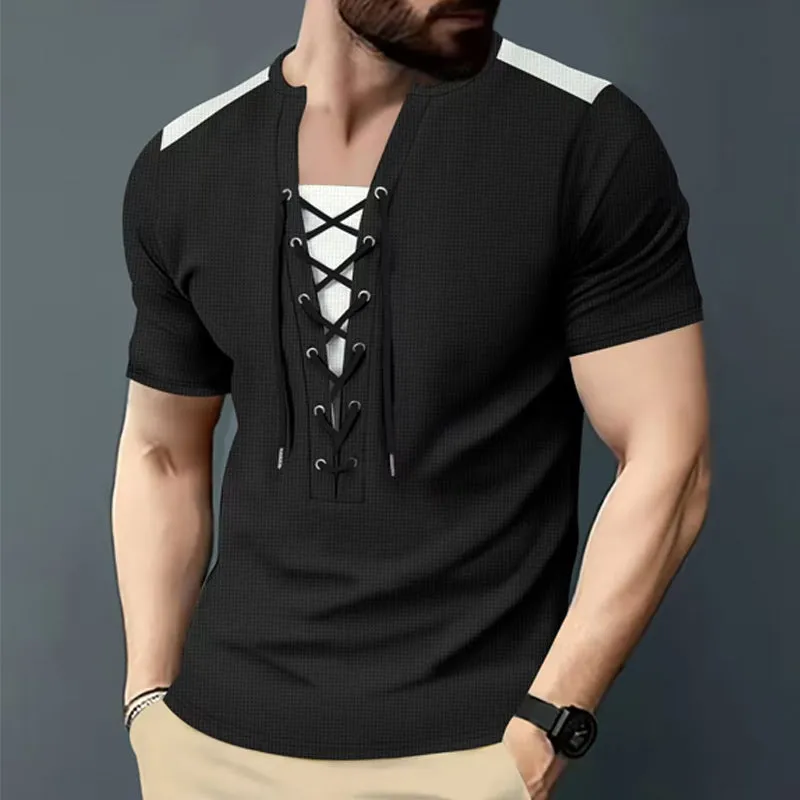 Men's Contrast Color Lace-up Round Neck Short-sleeved T-shirt 36596137X sold by Manly product image thumbnail 2
