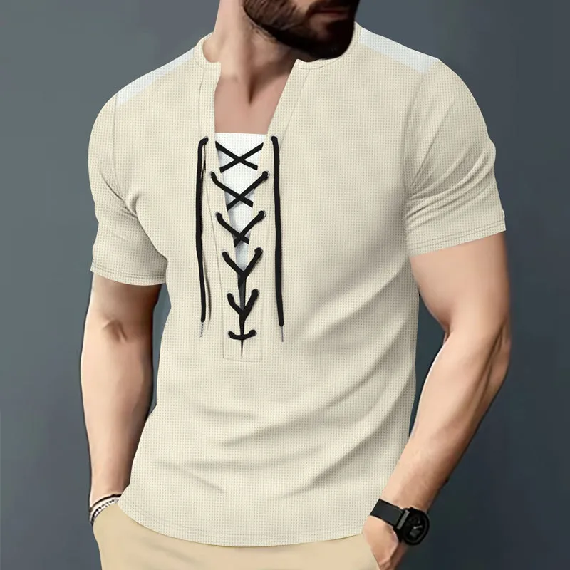 Men's Contrast Color Lace-up Round Neck Short-sleeved T-shirt 36596137X sold by Manly product image thumbnail 5