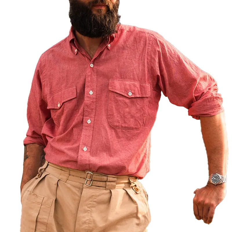 Men's Cotton and Linen Solid Color Lapel Long Sleeve Shirt 60211864X sold by Manly