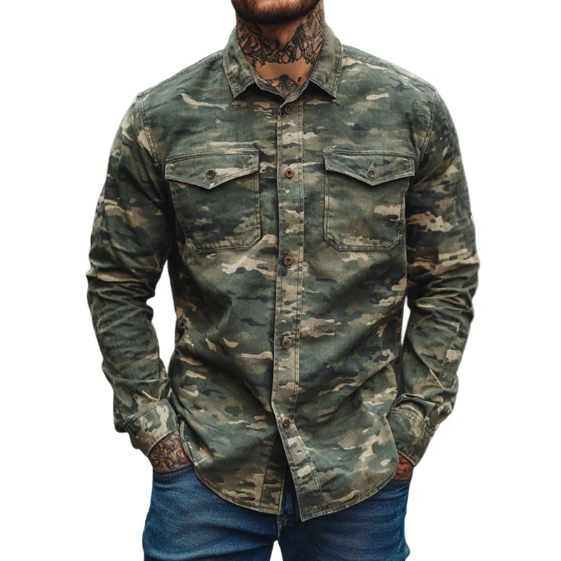 Men's Retro Casual Washed Camouflage Pocket Lapel Long Sleeve Shirt 57308118TO sold by Manly
