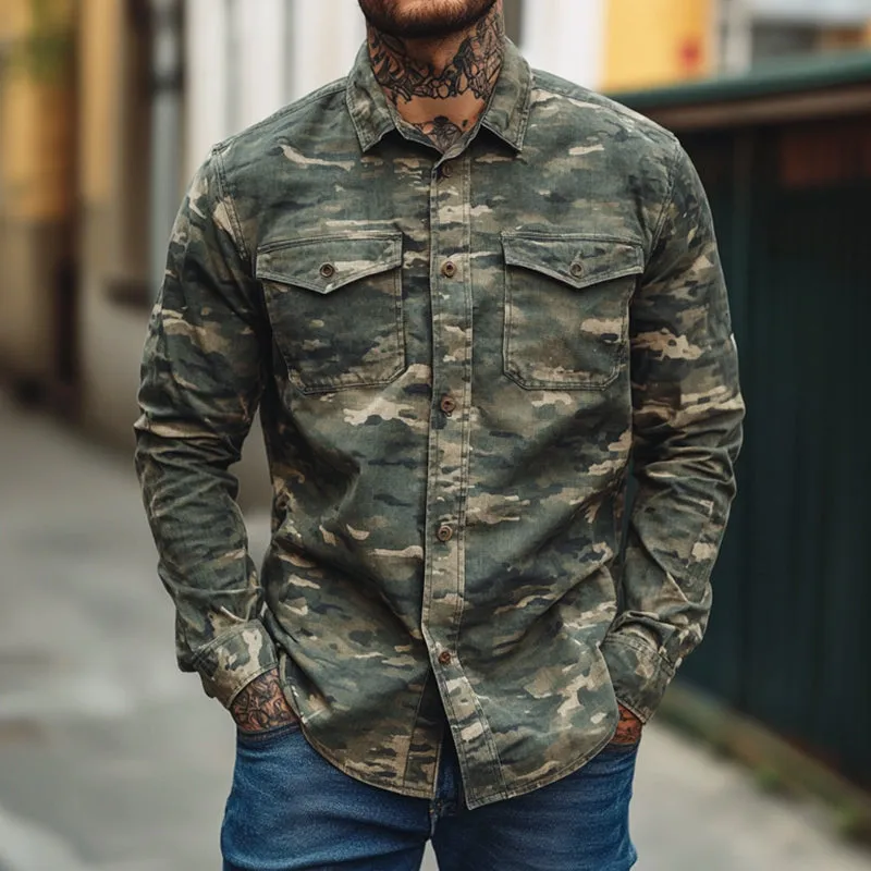 Men's Retro Casual Washed Camouflage Pocket Lapel Long Sleeve Shirt 57308118TO sold by Manly product image thumbnail 2