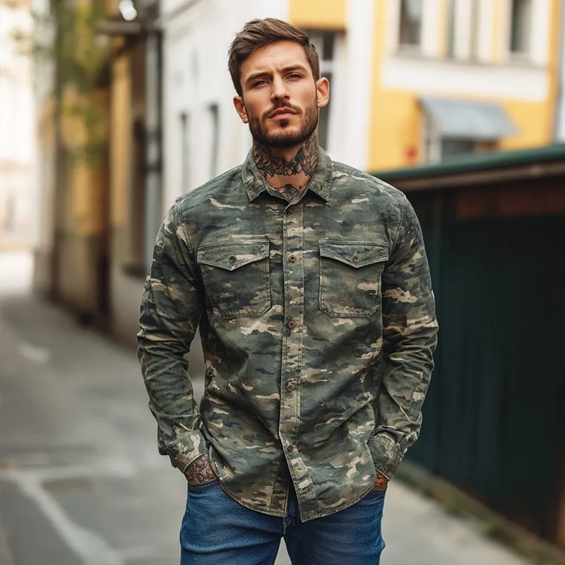 Men's Retro Casual Washed Camouflage Pocket Lapel Long Sleeve Shirt 57308118TO sold by Manly product image thumbnail 3