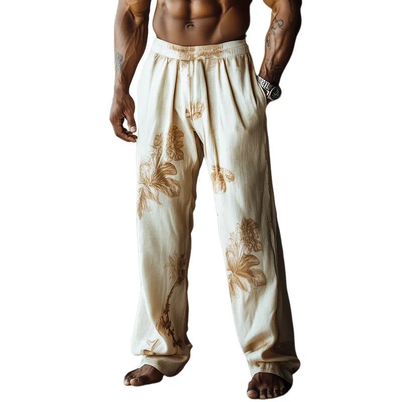 Men's Retro Casual Linen Print Beach Drawstring Straight Pants 51452491TO sold by Manly