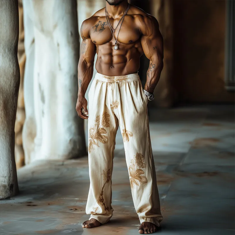 Men's Retro Casual Linen Print Beach Drawstring Straight Pants 51452491TO sold by Manly product image thumbnail 3