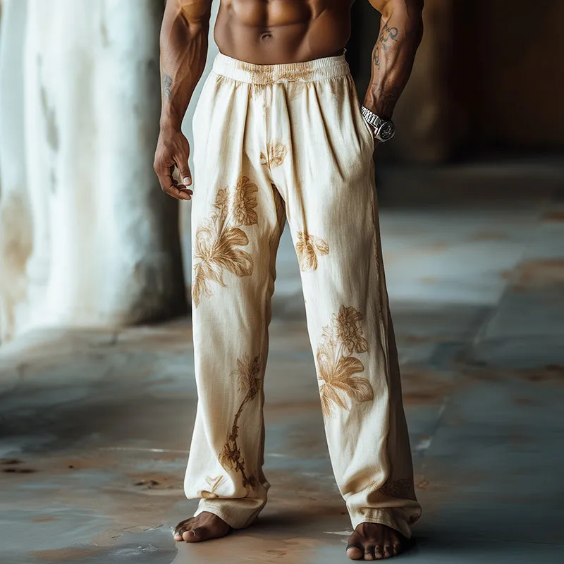 Men's Retro Casual Linen Print Beach Drawstring Straight Pants 51452491TO sold by Manly product image thumbnail 2