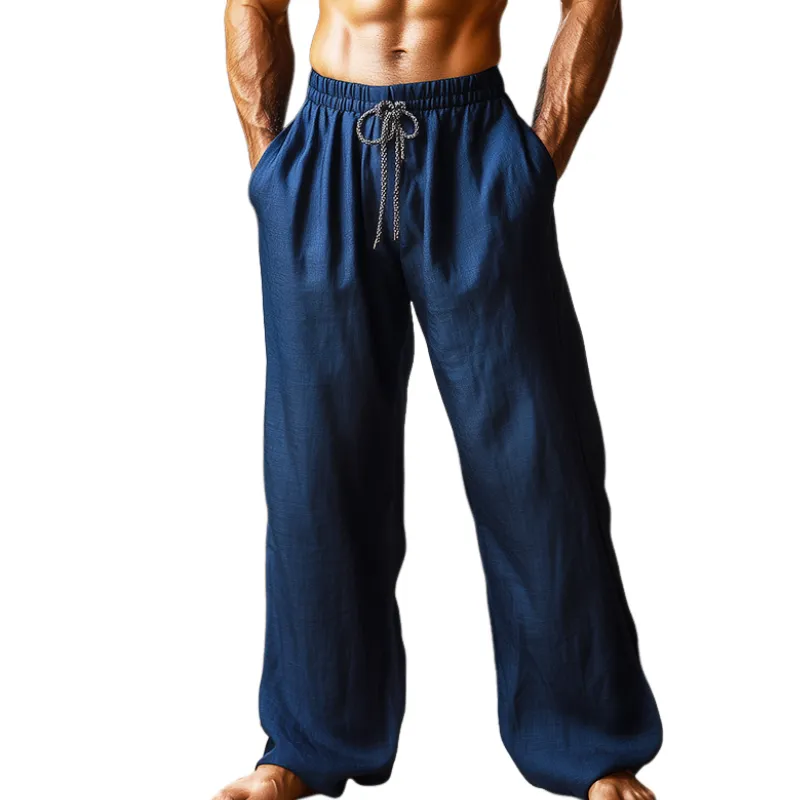 Men's Retro Casual Solid Color Linen Beach Drawstring Straight Pants 97227958TO sold by Manly