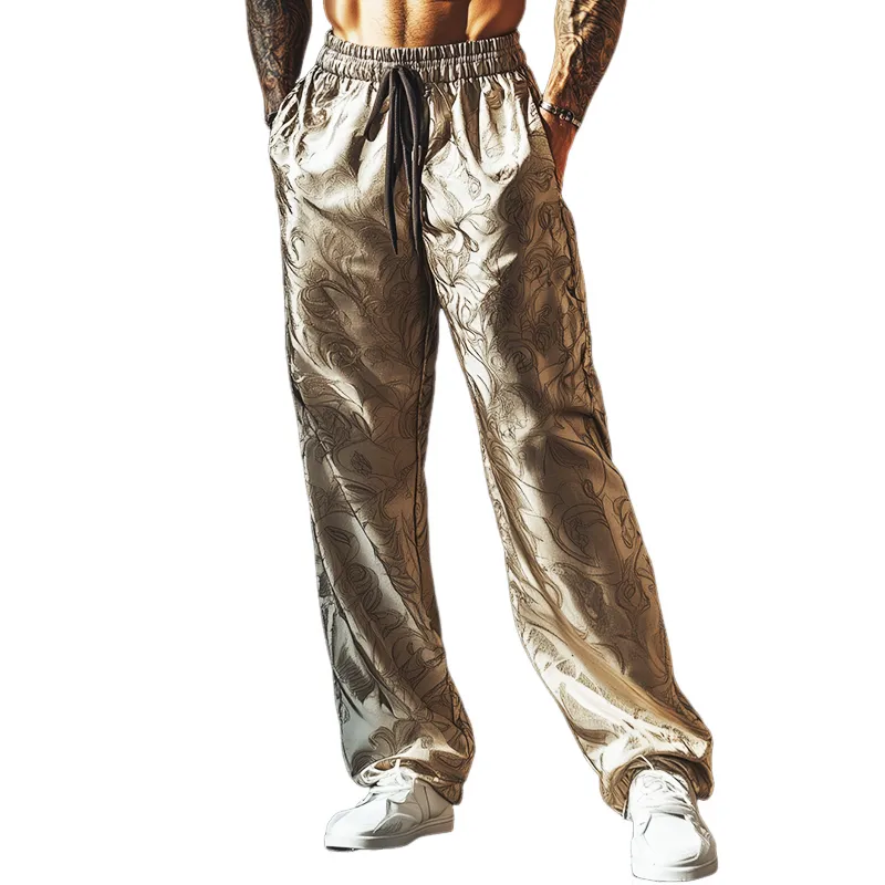 Men's Retro Casual Satin Print Drawstring Straight Pants 91743292TO sold by Manly