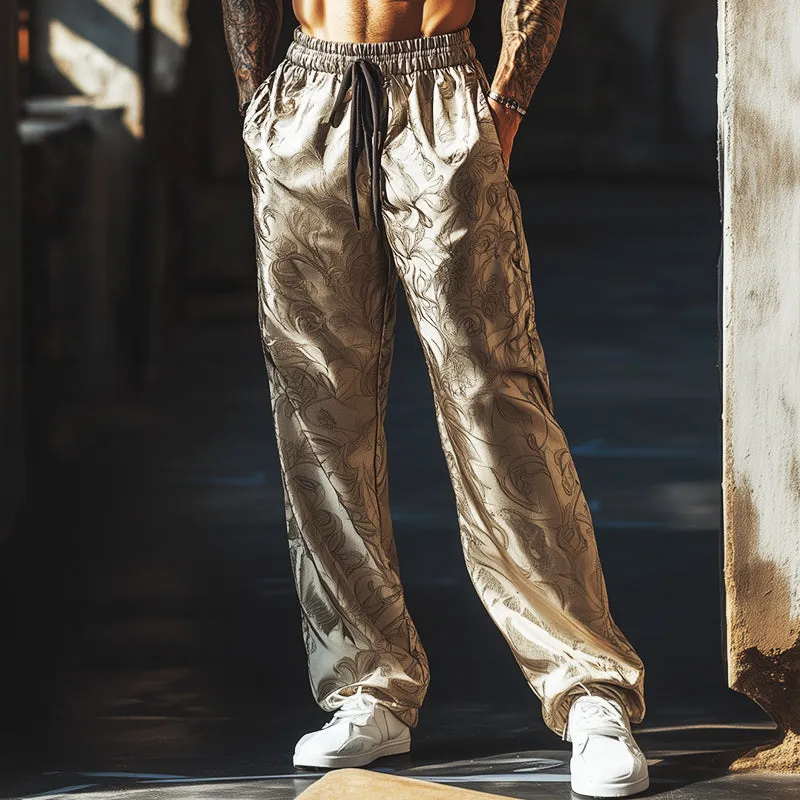 Men's Retro Casual Satin Print Drawstring Straight Pants 91743292TO sold by Manly product image thumbnail 2