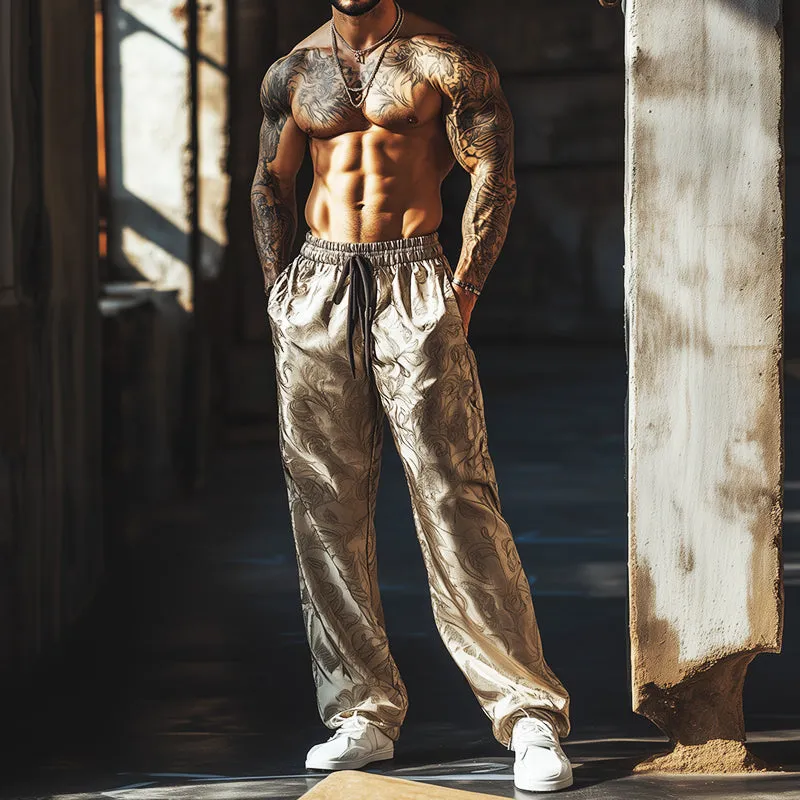 Men's Retro Casual Satin Print Drawstring Straight Pants 91743292TO sold by Manly product image thumbnail 3