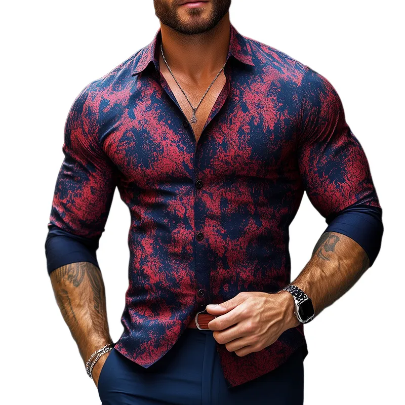 Men's Retro Casual Satin Printed Lapel Long Sleeve Shirt 32131827TO sold by Manly