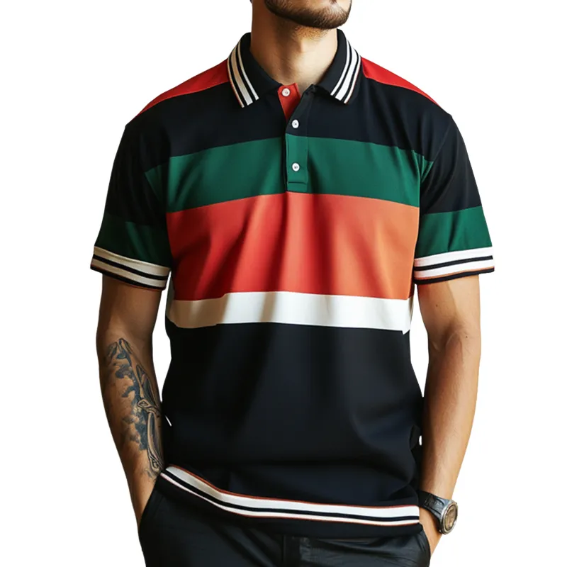 Men's Retro Casual Nostalgic Colorblock Baseball Short-sleeved Polo Shirt 61260841TO sold by Manly