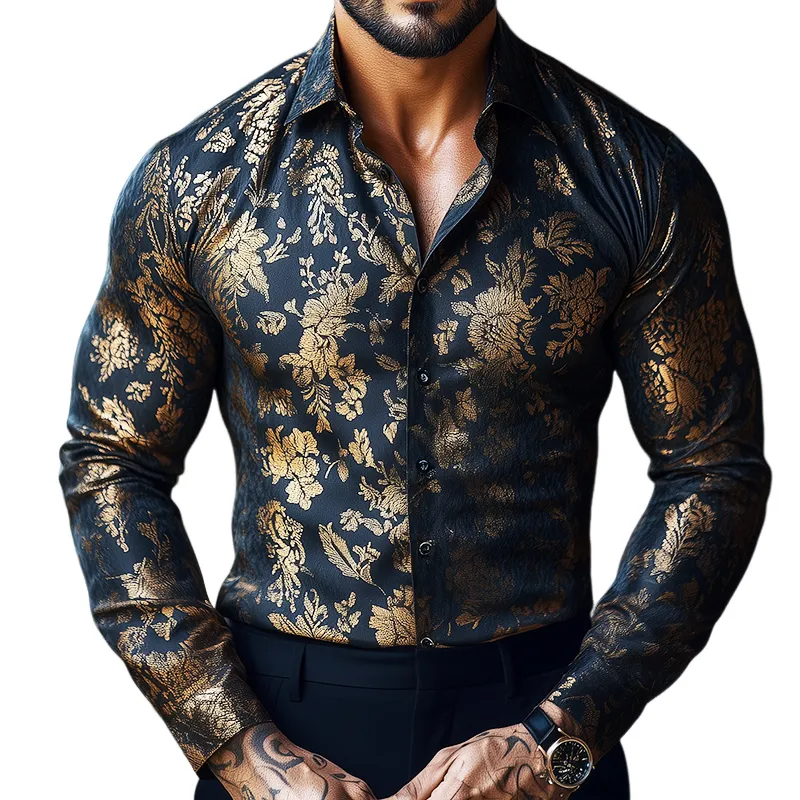 Men's Retro Casual Golden-plating Printed Lapel Long Sleeve Shirt 18474980TO sold by Manly