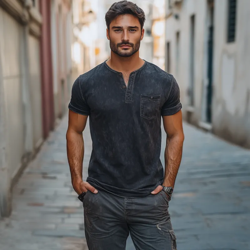 Men's Classic American Retro Casual slim Fit V-neck Distressed Short-sleeved T-shirt 50779422K sold by Manly product image thumbnail 2