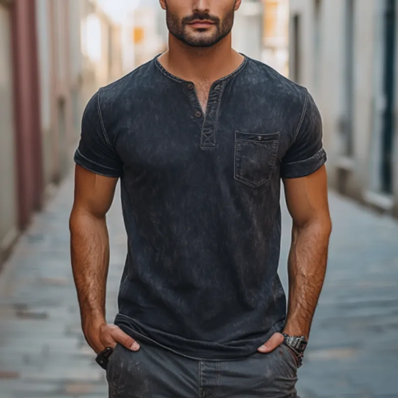 Men's Classic American Retro Casual slim Fit V-neck Distressed Short-sleeved T-shirt 50779422K sold by Manly product image thumbnail 3