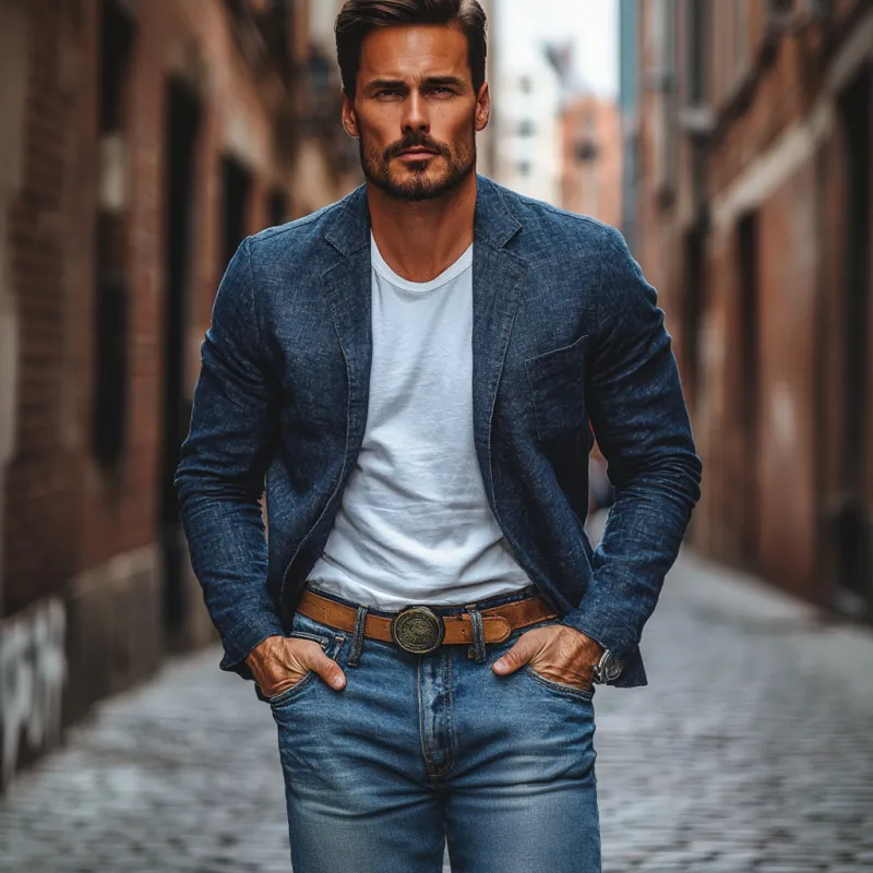 Men's Casual Linen Notch Lapel Patch Pocket Single-breasted Loose Blazer 42178335M sold by Manly product image thumbnail 3