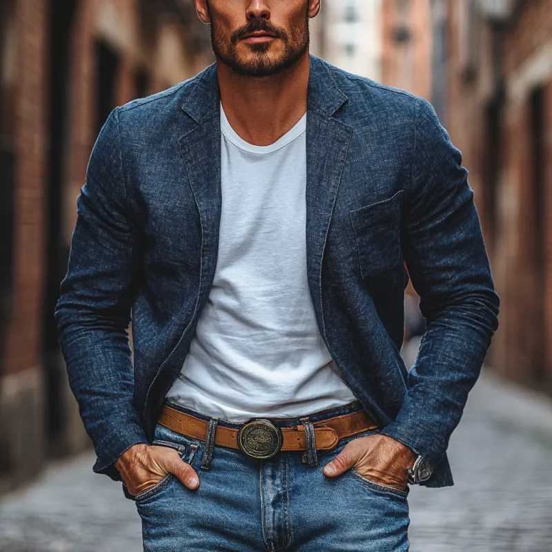 Men's Casual Linen Notch Lapel Patch Pocket Single-breasted Loose Blazer 42178335M sold by Manly product image thumbnail 2