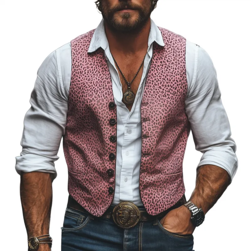 Men's Vintage Leopard PU Print V-Neck Single-Breasted Slim Fit Vest 41859096M sold by Manly