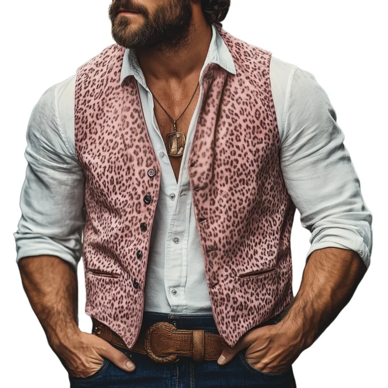 Men's Vintage Leopard PU Print V-Neck Single-Breasted Slim Fit Vest 48109204M sold by Manly