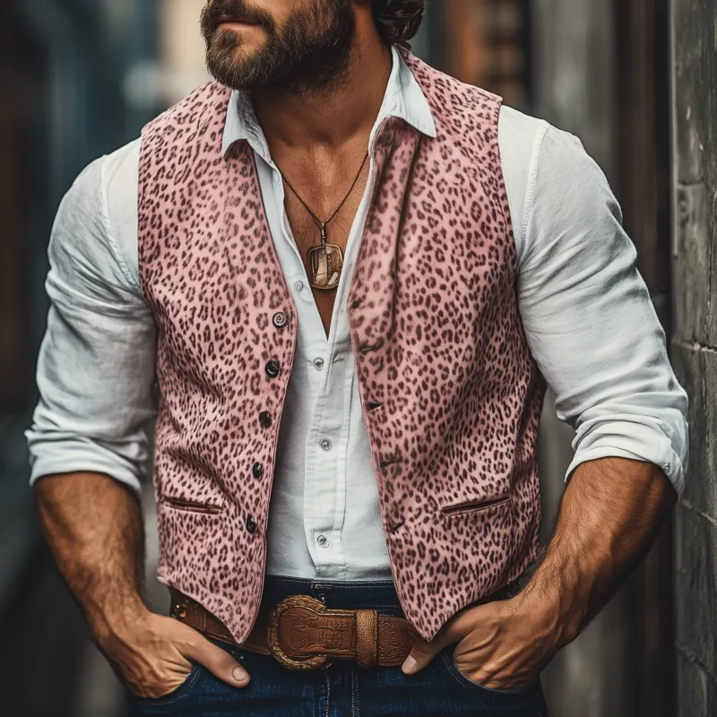 Men's Vintage Leopard PU Print V-Neck Single-Breasted Slim Fit Vest 48109204M sold by Manly product image thumbnail 2