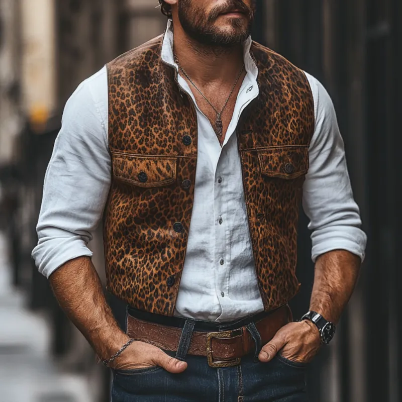 Men's Vintage Leopard Print PU Stand Collar Single Breasted Slim Vest 39872584M sold by Manly product image thumbnail 2
