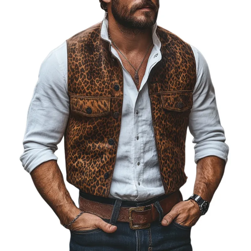 Men's Vintage Leopard Print PU Stand Collar Single Breasted Slim Vest 39872584M sold by Manly