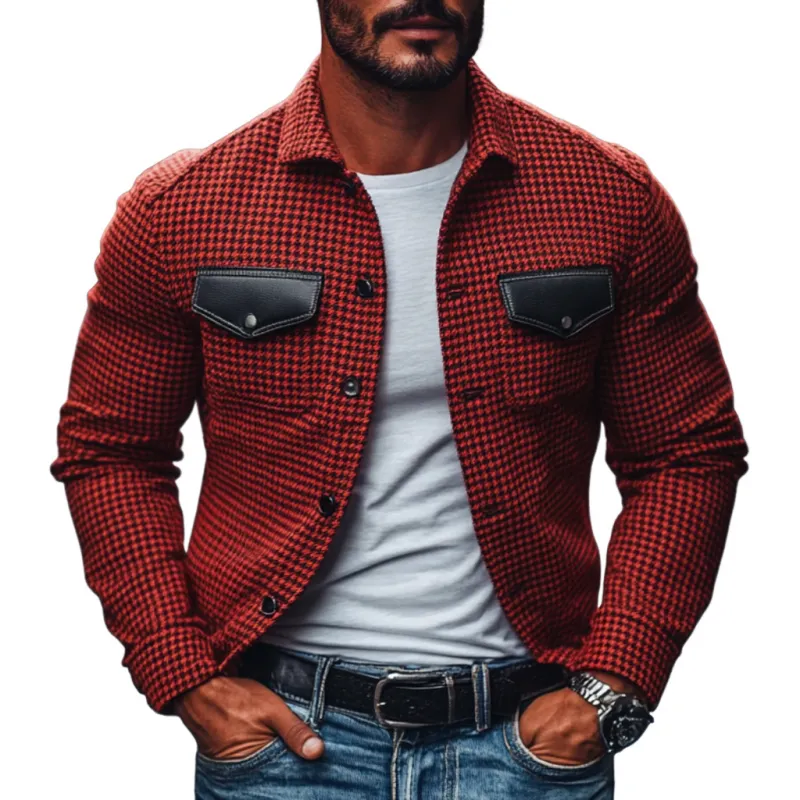 Men's Casual Houndstooth PU Chest Pocket Slim Fit Lapel Shirt Jacket 72978967M sold by Manly