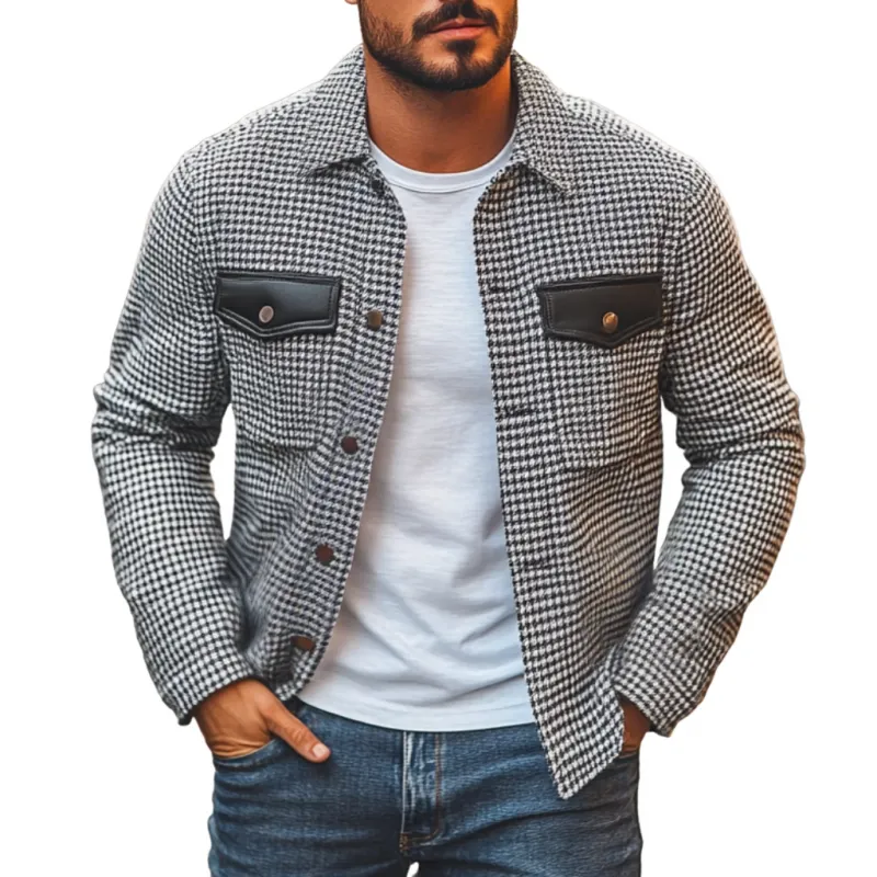 Men's Casual Houndstooth PU Chest Pocket Slim Fit Lapel Shirt Jacket 35917939M sold by Manly