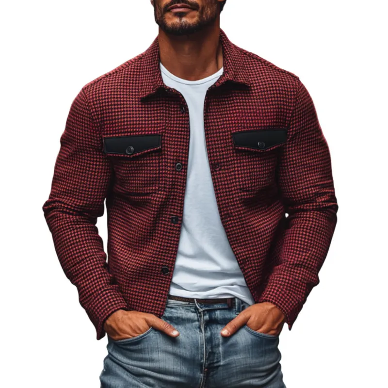 Men's Casual Houndstooth PU Chest Pocket Slim Fit Lapel Shirt Jacket 53302713M sold by Manly