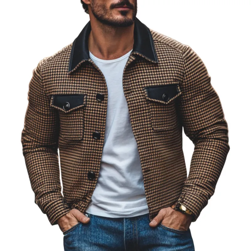 Men's Casual Houndstooth PU Collar Chest Pocket Slim Fit Shirt Jacket 33720085M sold by Manly