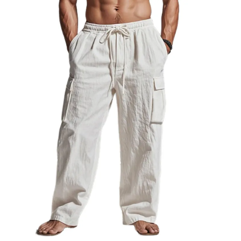 Men's Casual Linen Elastic Waist Multi-Pocket Loose Pants 26052282M sold by Manly