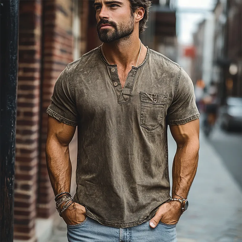 Men's Classic American Retro Casual V-neck Pocket Distressed Short-sleeved T-shirt 27936675K sold by Manly product image thumbnail 2