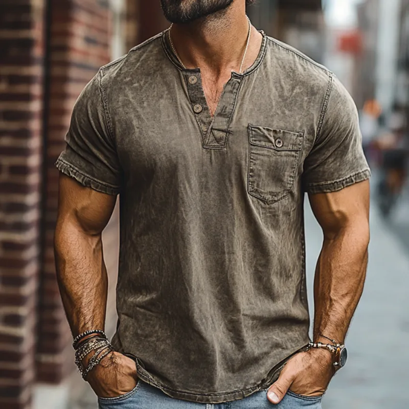 Men's Classic American Retro Casual V-neck Pocket Distressed Short-sleeved T-shirt 27936675K sold by Manly product image thumbnail 3