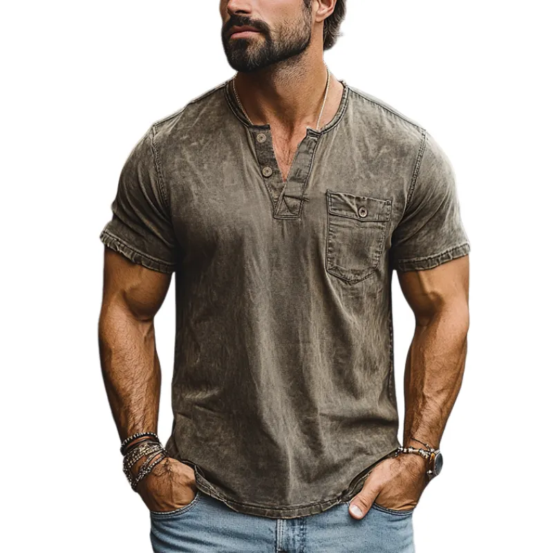 Men's Classic American Retro Casual V-neck Pocket Distressed Short-sleeved T-shirt 27936675K sold by Manly