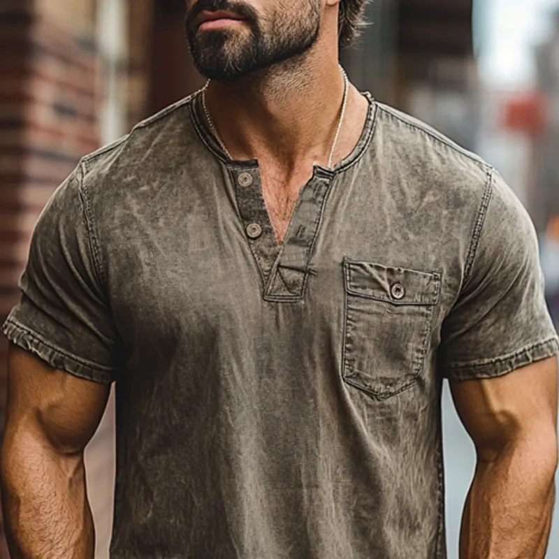 Men's Classic American Retro Casual V-neck Pocket Distressed Short-sleeved T-shirt 27936675K sold by Manly product image thumbnail 4