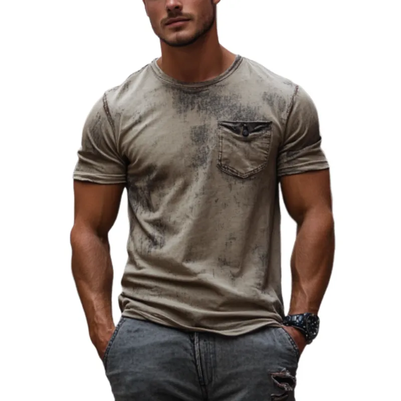 Men's Classic American Retro Casual Round Neck Distressed Short-sleeved T-shirt 21227974K sold by Manly