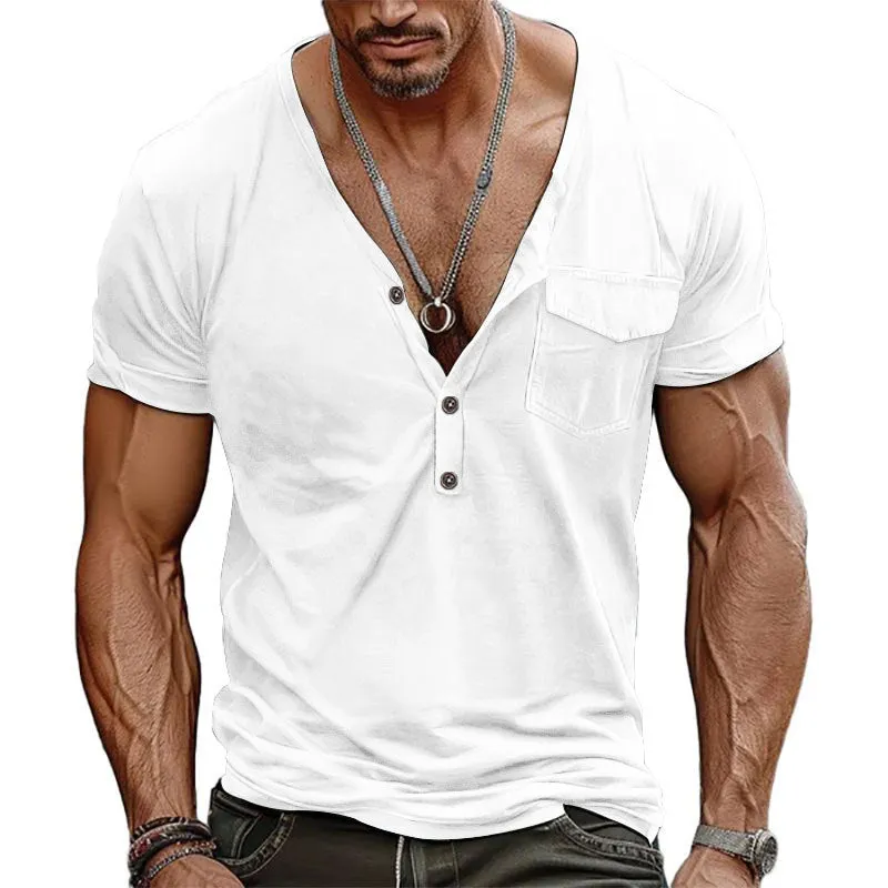 Men's Classic Casual Slim Fit Deep V-Neck Pocket Cotton Short Sleeve T-Shirt 29897522K sold by Manly