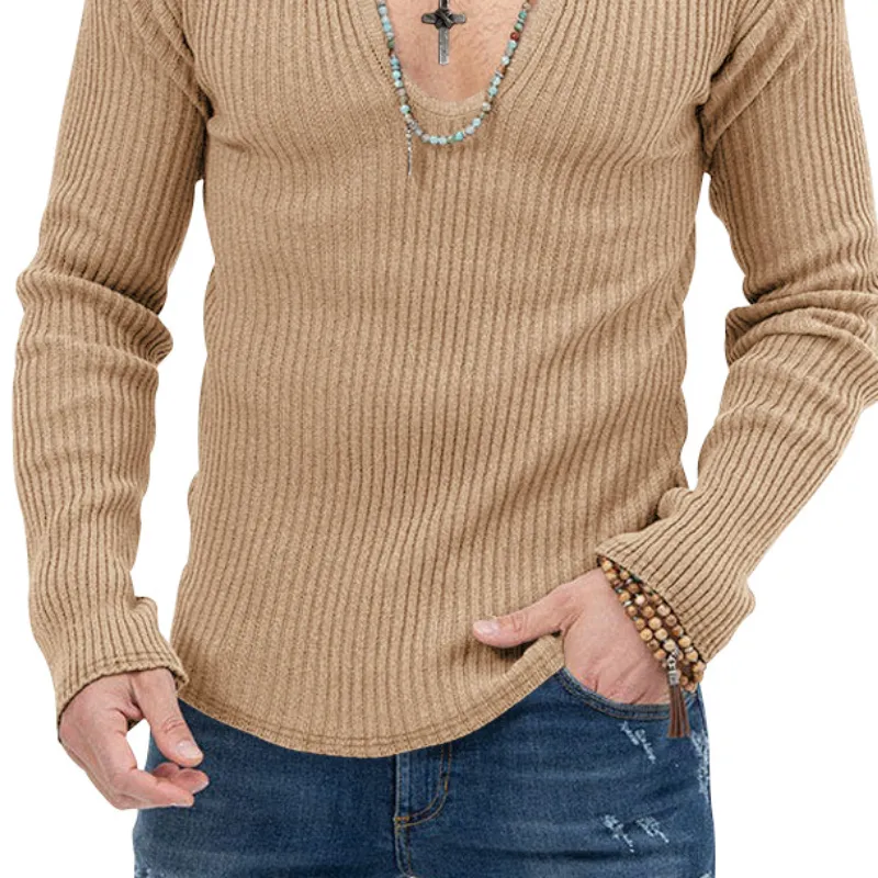 Men's Classic Casual Slim Ft Deep V-neck Striped Long-sleeved T-shirt 17230163K sold by Manly product image thumbnail 3