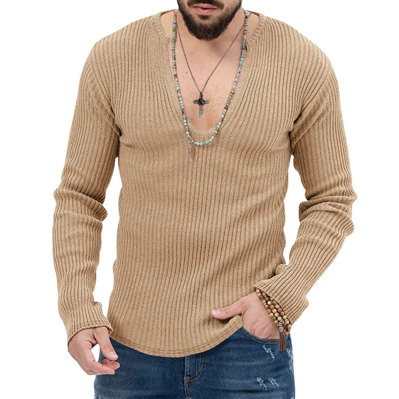 Men's Classic Casual Slim Ft Deep V-neck Striped Long-sleeved T-shirt 17230163K sold by Manly
