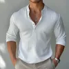 Men's Solid Cotton And Linen Henley Collar Long Sleeve Casual Shirt 05275407Z sold by Manly