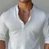 Men's Solid Cotton And Linen Henley Collar Long Sleeve Casual Shirt 05275407Z sold by Manly
